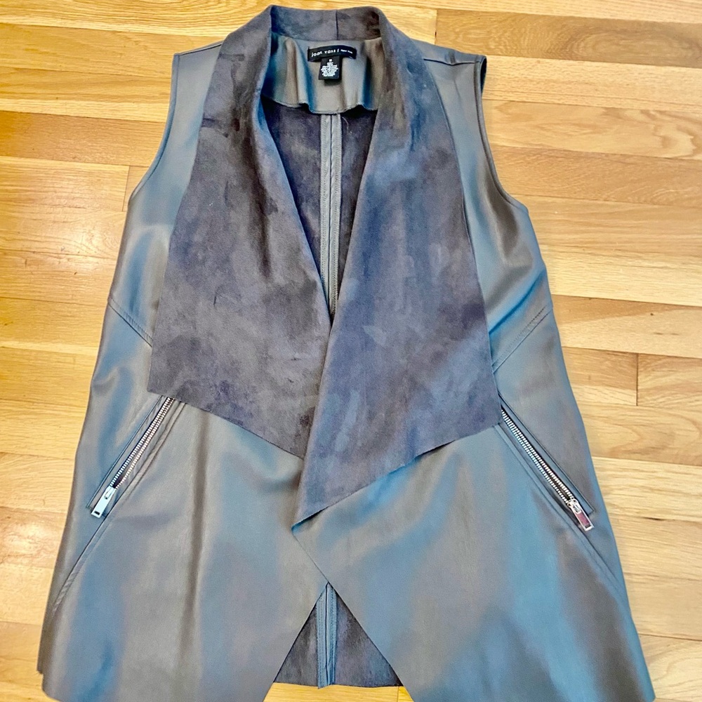 Joan Vass Medium Gray vest faux leather  and suede Jacket with pockets